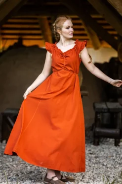 Outlet Leonardo Carbone Bodenlanges Kleid mit Schulterrüsche "Clara" Rost