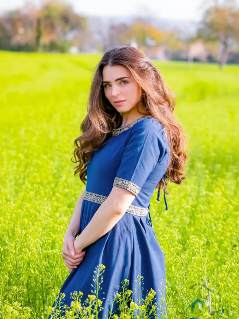 Hot Leonardo Carbone Edles Kurzarmkleid mit Bordüre "Ennlin" Blau