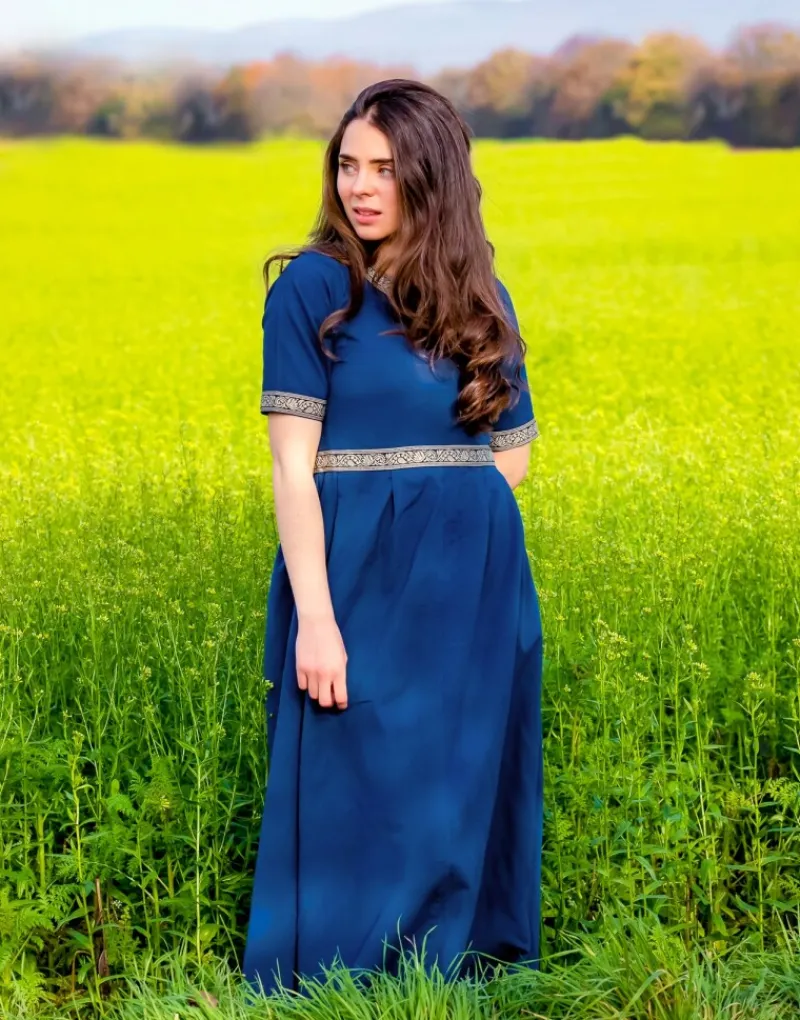 Hot Leonardo Carbone Edles Kurzarmkleid mit Bordüre "Ennlin" Blau
