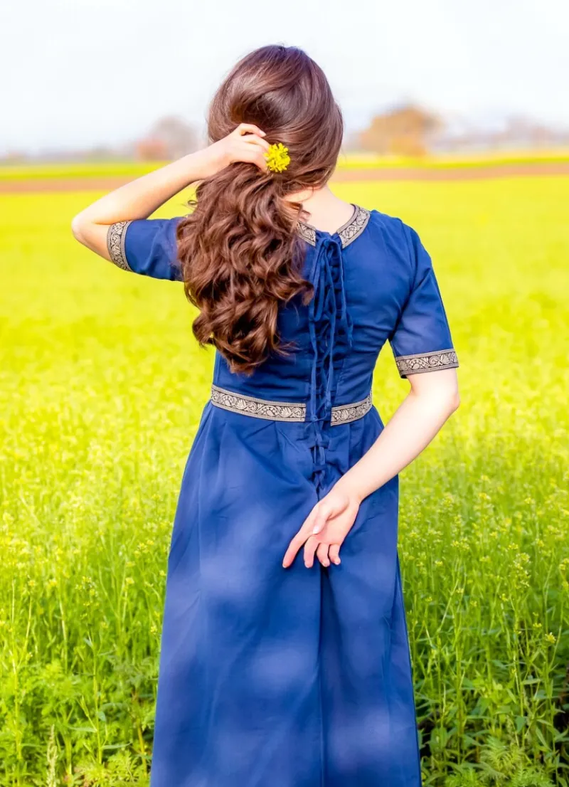 Hot Leonardo Carbone Edles Kurzarmkleid mit Bordüre "Ennlin" Blau
