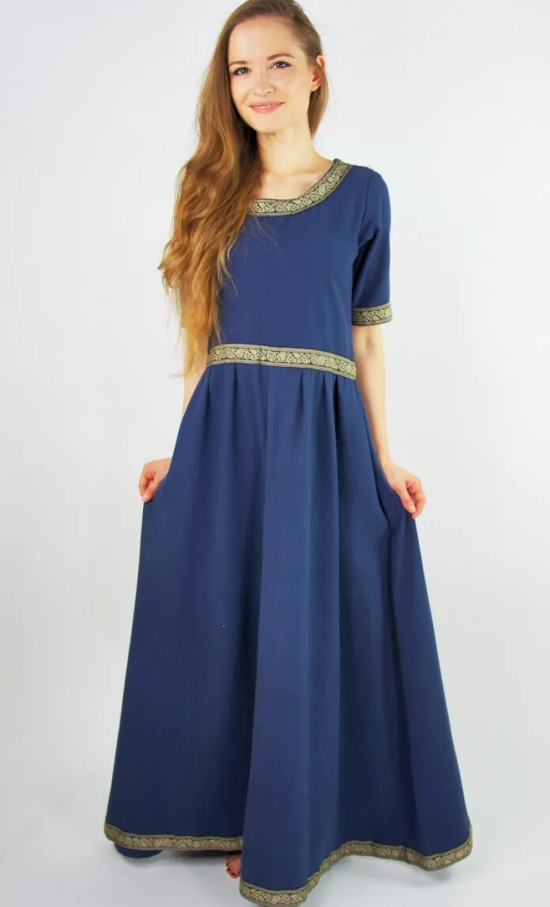 Hot Leonardo Carbone Edles Kurzarmkleid mit Bordüre "Ennlin" Blau