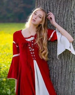 Best Leonardo Carbone Kleid mit Trompetenärmeln "Larissa" Rot/Natur