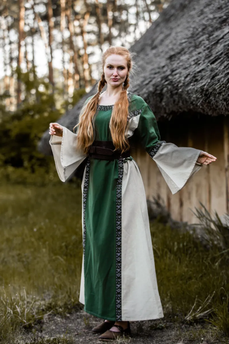 New Leonardo Carbone Mittelalter Baumwollkleid "Angie" Grün/Natur