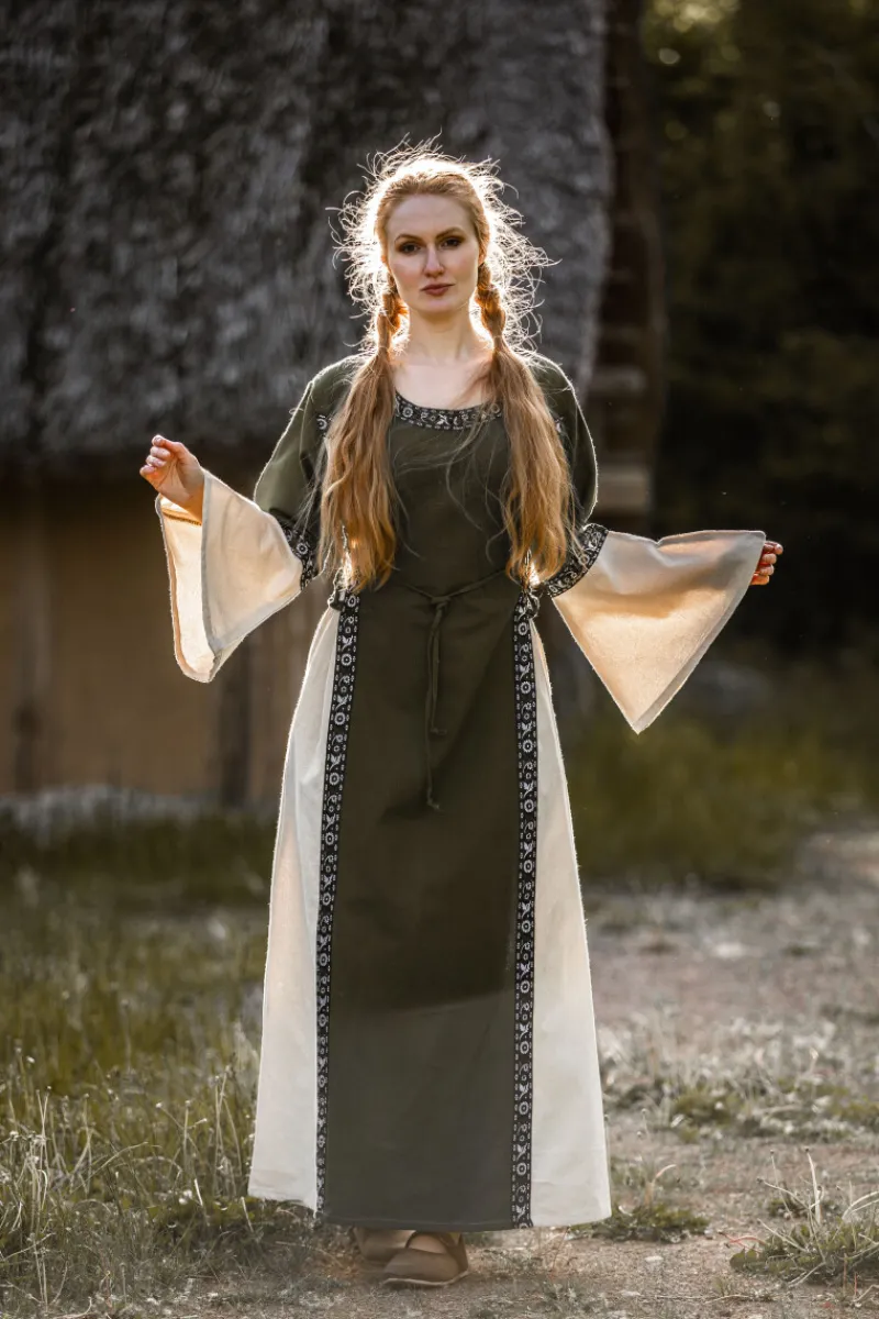 New Leonardo Carbone Mittelalter Baumwollkleid "Angie" Grün/Natur