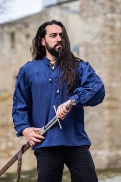 Hot Leonardo Carbone Mittelalter- Schnürhemd mit Ösen "Adrian" Blau