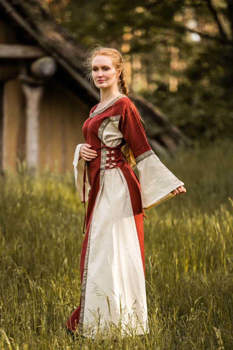 Best Leonardo Carbone Mittelalterkleid mit Bordüre "Sophie" Rot/Natur