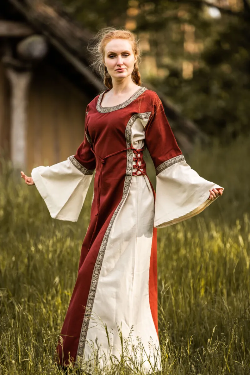 Best Leonardo Carbone Mittelalterkleid mit Bordüre "Sophie" Rot/Natur