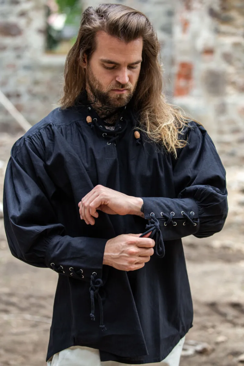 Hot Leonardo Carbone Piratenhemd "Claude" mit geschnürten Manschetten Schwarz