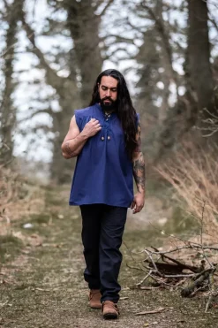 Cheap Leonardo Carbone Ärmelloses Stehkragen-Schnürhemd "Louis" Blau