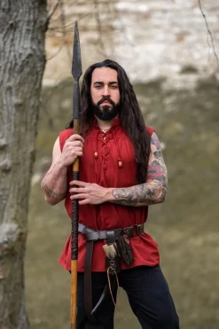 Flash Sale Leonardo Carbone Ärmelloses Stehkragen-Schnürhemd "Louis" Rot Braun