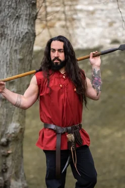 Flash Sale Leonardo Carbone Ärmelloses Stehkragen-Schnürhemd "Louis" Rot Braun