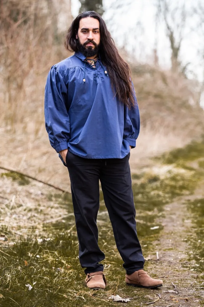 Outlet Leonardo Carbone Typisches Mittelalter Stehkragen-Schnürhemd "Friedrich" Blau