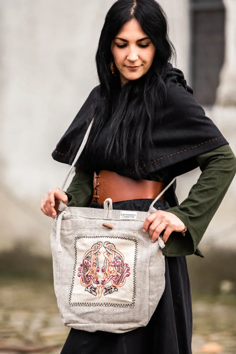 Outlet Leonardo Carbone Umhängetasche mit Wikinger Stickerei "Tora" Natur