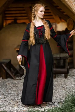 New Leonardo Carbone Viskosekleid mit Trompetenärmeln "Berblin" Schwarz/Rot