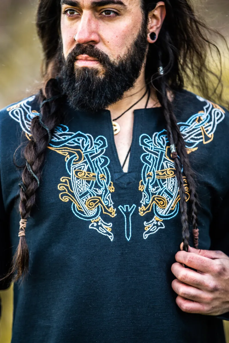 Fashion Leonardo Carbone Wikinger Tunika "Snorri" mit Urnes-Stil Handstickerei Schwarz